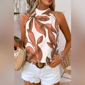 Mocha Tropical Leaf Sleeveless Tank Blouse